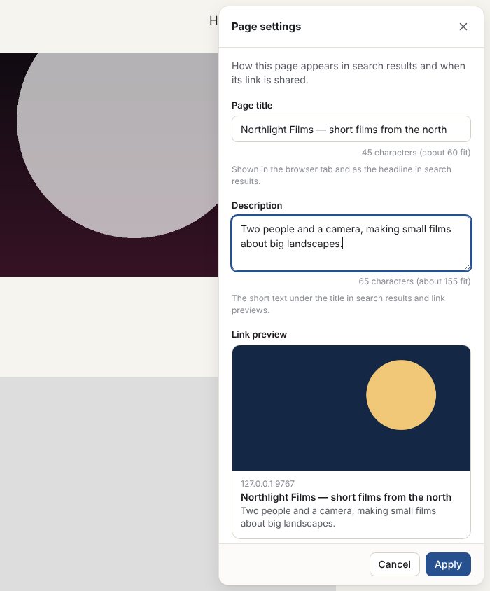 The page settings panel with title, description and a preview of the shared link